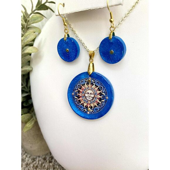 Handmade Celestial Sun Pendant Necklace & Earrings Set | Cosmic Blue Resin - Picture 4 of 4